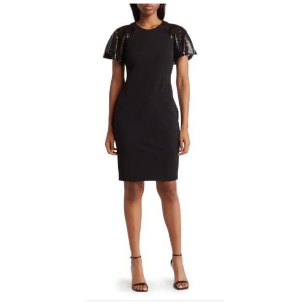 Calvin Klein Womens Black Sequins Short Sleeve Sheath Cocktail Dress Sz 10 New